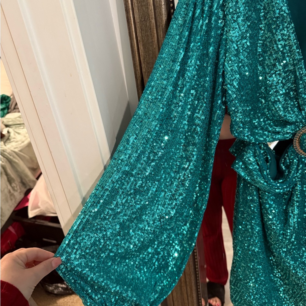 NADINE MERABI Teal Sequin Long Sleeve Dress - Picture 4 of 6